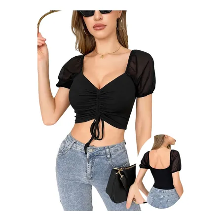 Crop Top Peto Mujer Con Ajuste Y Manga Traslucida Tipo Globo