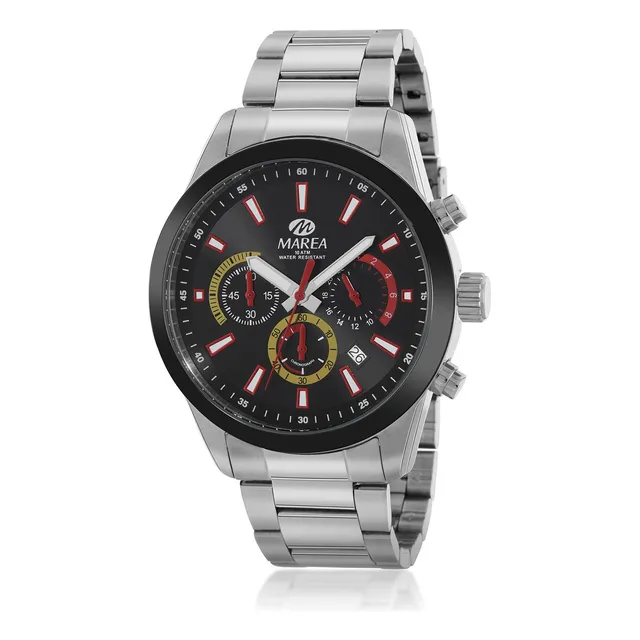 Reloj Pulsera Análogo Marea Watch Sumergible C/fecha B36193 Correa Plateado Bisel Negro Fondo Negro