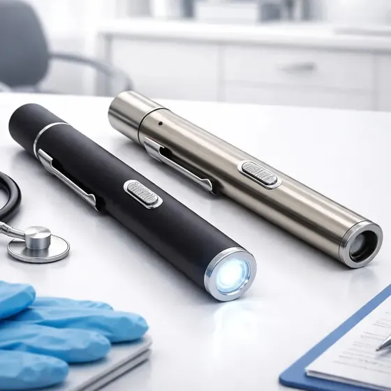 Kit 2 Lanterna Clínica Médica Led Recarregável Usb Exame Pupilar Luz Branca E Amarela Alumínio Profissionais Saúde Médico Enfermeiro Com Clipe Para Bolso Com Estojo Incluso - Cor Preto E Prateado