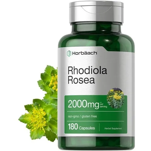 Rhodiola Rosea 2000mg Horbaach 180 Cápsulas Extracto Estandarizado de Raíz Alta Concentración Suplemento sin Gluten Sin OGM Fórmula Vegetariana