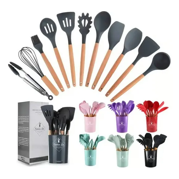 Set De Cucharones Utensilios De Silicona Y Madera Para Cocin