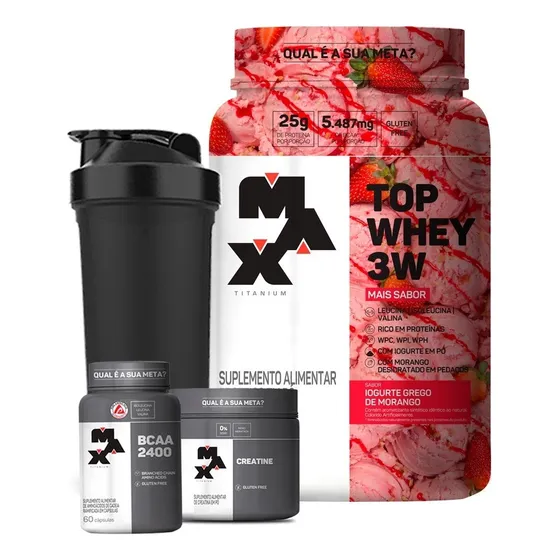 Combo Top Whey 3w + Creatine + Bcaa + Shaker Max Titanium Sabor Mais Sabor Iogurte De Morango