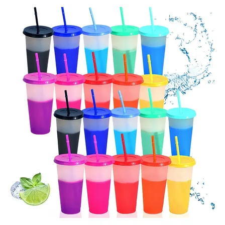 Vasos Magicos Cambian De Color Con Tapa Y Popote 710ml 20pzs Cambiará De Color