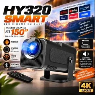 Projetor HY320 Smart TV CPU H713 WiFi 6 4K Android 2026 VLX Full HD 390 ANSI Blu
