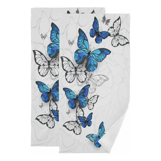 Oreayn Toalla Mano Azul Blanco Mariposa Para Baño Cocina 2 X