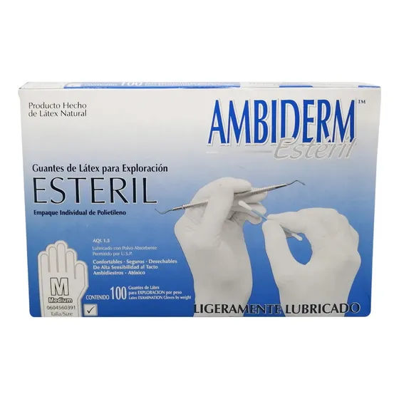 Guante Ambiderm Mediano C/100 Estéril De Latex Liso Color Blanco