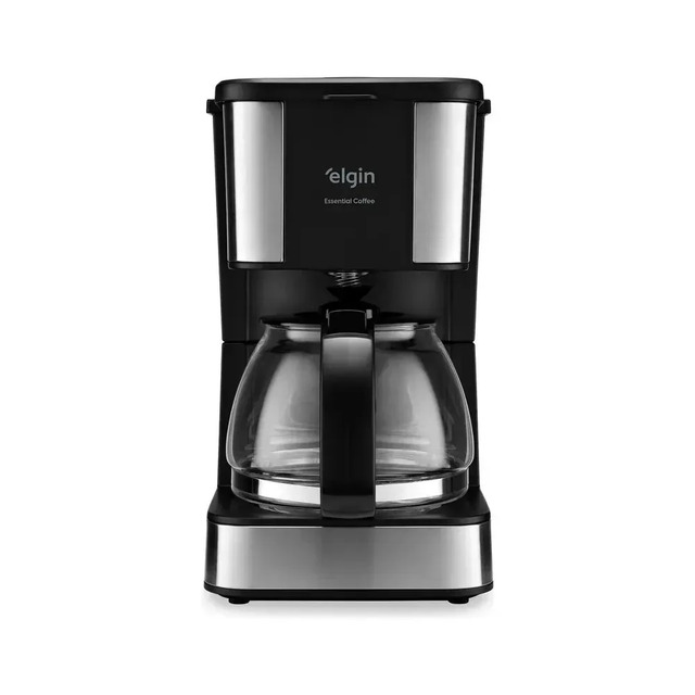 Cafeteira elétrica Elgin Essential na cor preta com detalhes em prata, apresentando jarra de vidro transparente e design compacto.