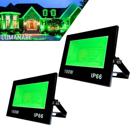 Kit Com 2 Refletor Led Holofote 100w Luz Verde Resistente A Chuva Econômico Fácil De Instalar Carcaça Preta Ip66 Jardim Fachada Quintal