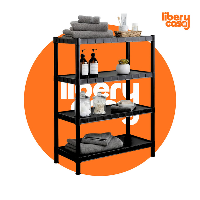 Estante De Plástico Modular Multiuso 4 Andares Resistente Preto Estante De Plástico Modular Multiuso 4 Andares Resistente Preto