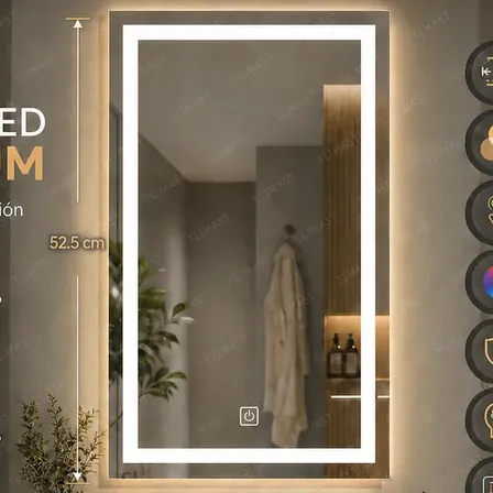Tlimast Espejo 3 Luces Led Táctil Pared De Tocador Baño Vestidor Cuarto De Alta Gama Decoracion Espejo Rectangular 52.5x37.5 Cm Luz Fría, Luz Cálida, Luz Blanca Cálida
