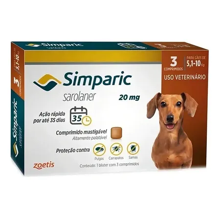 Antipulgas Zoetis Simparic 20mg Cães De 5,1kg A 10kg 3 Comprimidos Marrom