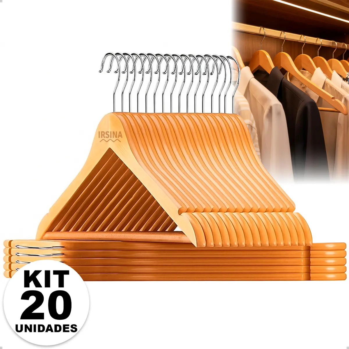 Kit com 20 cabides de madeira marfim da marca Irsina, com gancho metálico e design reforçado, exibidos em destaque com uma imagem de closet ao fundo.