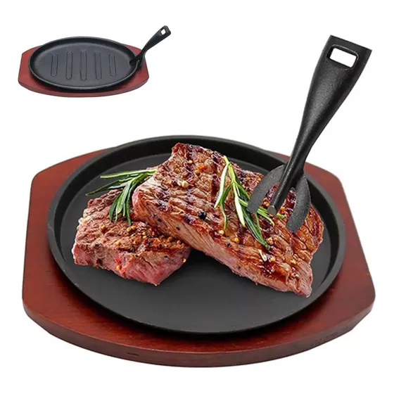 Plancha Plato De Fierro Fundido Con Base De Madera Y 1 Pinza