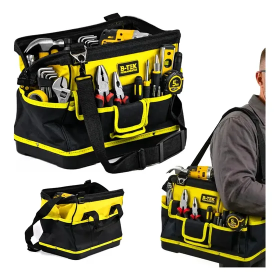 Bolsa Ferramentas Reforçada Mochila Ferramentas Profissional Eletricista 16 Bolsos 15kg Estojo Porta Ferramenta para Eletricista, Epi e Base Emborrachada Fundo Reforçado Preto E Amarelo