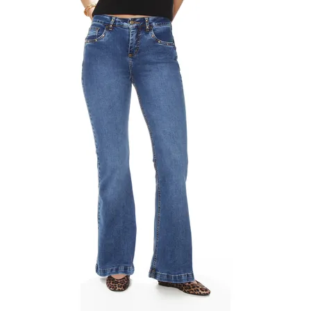 Jeans Wados Flare Tiro Alto Pretina Basica Aplicacion Strass