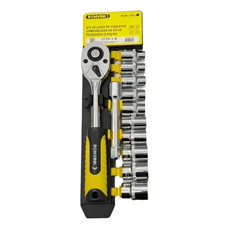 Kit Jogo De Soquetes 12 Peças Catraca Reversível Amarelo