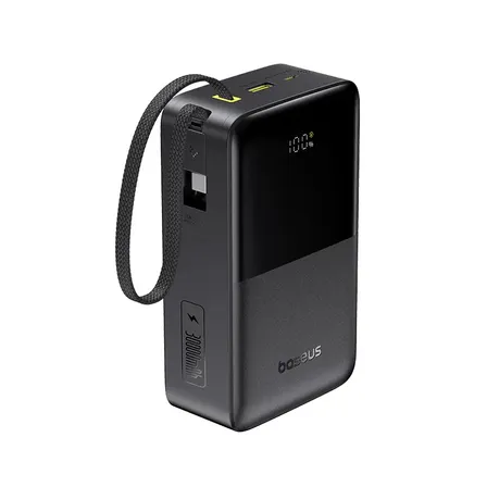 Power Bank Baseus FC51 30000mAh 22,5W Carregamento Rápido Cabo USB-C Integrado Display Digital Carrega 3 Dispositivos Proteção Inteligente Preto