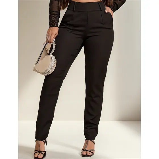 Calça Alfaiataria Feminina Lycra Social Preta Lycra Zíper