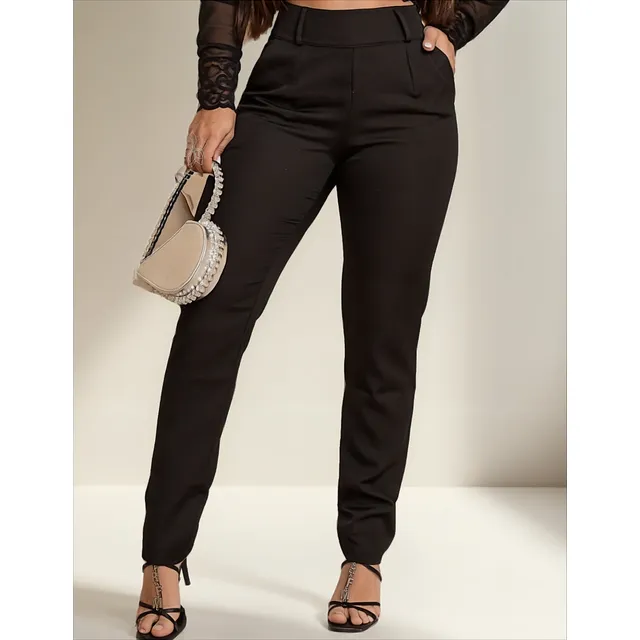 Calça Alfaiataria Feminina Lycra Social Preta Lycra Zíper