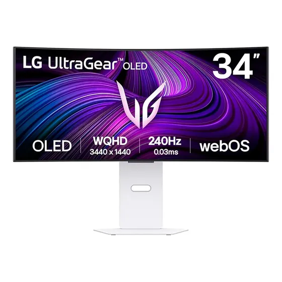 Monitor LG UltraGear Smart OLED Curvo 34”- QHD 2K, 240Hz, 0,03ms (GtG), WebOS, DCI-P3, HDR400, NVIDIA G-SYNC, AMD FreeSync Premium, Branco - 34GX90SA
