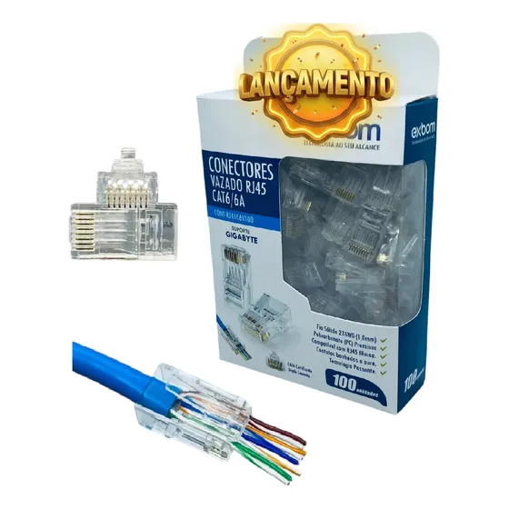 Conector Rj45 Macho Cat6/6a Ez Crimp Cabo Rede Vazado 100un