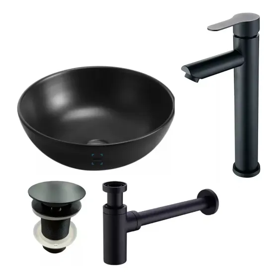 Kit Negro Mate Loza Baño +griferia Alta +válvula +sifon Acra
