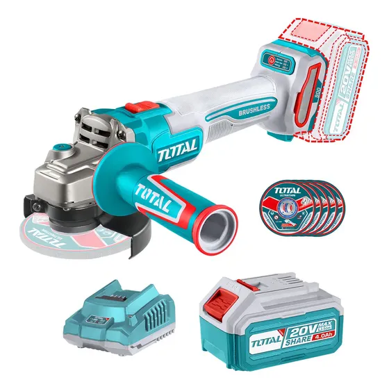 Amoladora Inalámbrica Total 20v Industrial - Motor Sin Carbones 900w - 4.1/2 Pulgadas, 115mm - Con Batería 4.0ah Litio-ion, Cargador, 5 Discos - Tagli261521