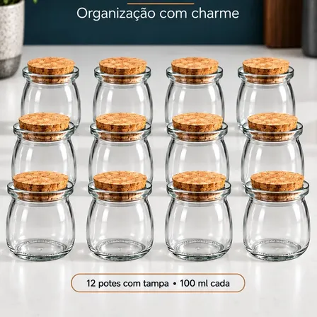 Kit com 12 Potes de Vidro com Tampa de Cortiça para Temperos – Bravli