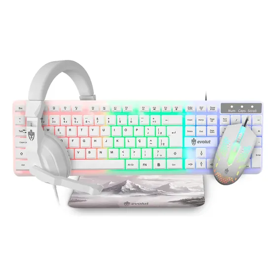 Kit Gamer Evolut EG-54 Branco com Teclado, Mouse, Headset e Mouse Pad