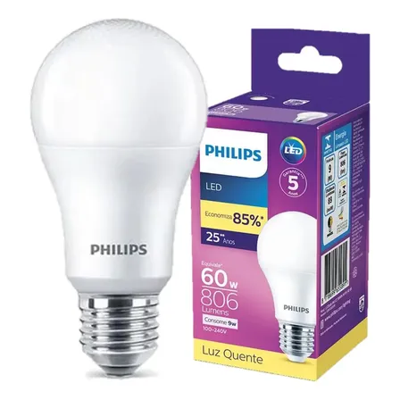 Kit 10 Lampada Led Bulbo Philips 9w Branco Quente 3000k E27 100/240v
