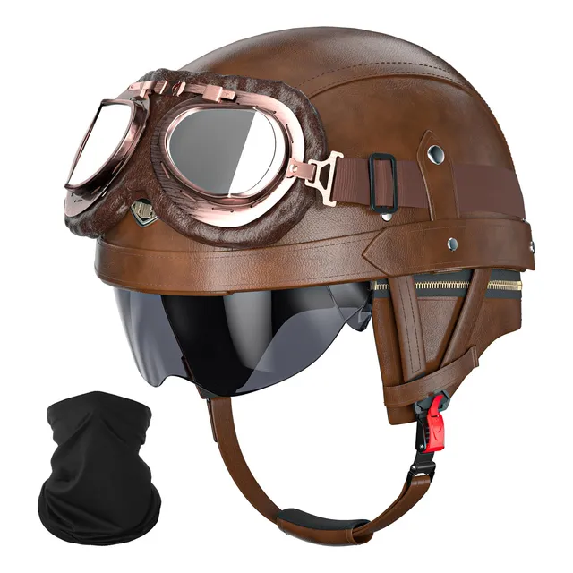 Casco De Cuero Vintage Para Motocicleta Medio Aprobado Dot