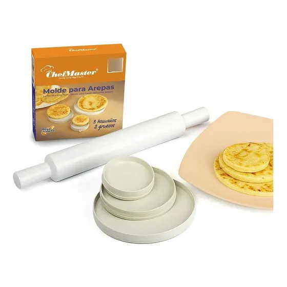 Combo x3 Moldes para Arepas y Rodillo de Amasar 23 cm Beige Chef Master