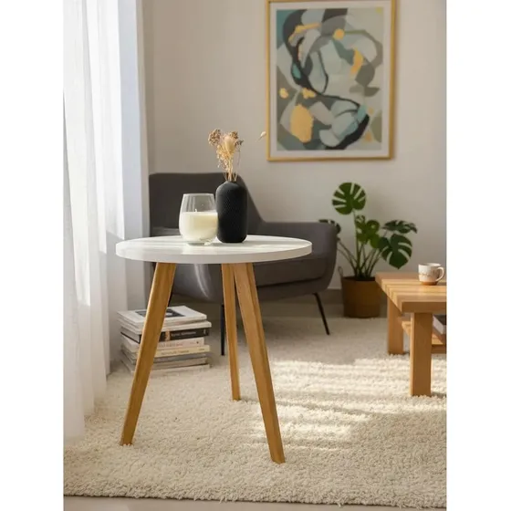 Mesa Nórdica Melamina Blanca Con Patas De Madera Color Petiribi