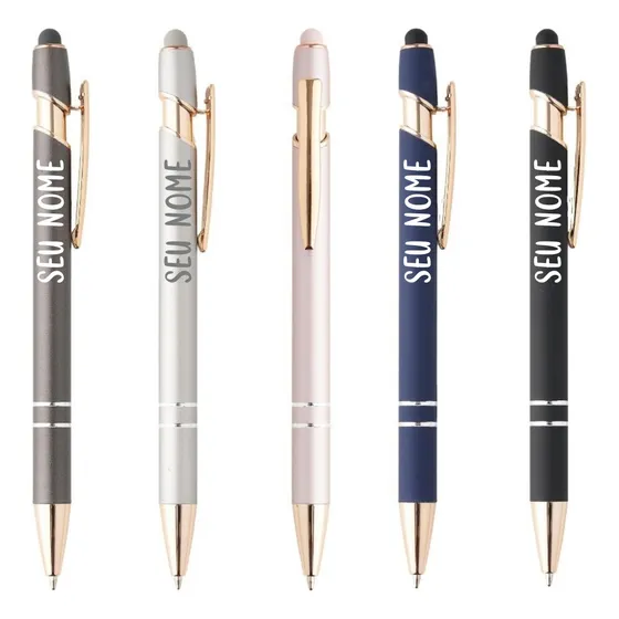 Kit 15 Caneta Metal Personalizada Logo Empresa Presente Tinta Azul Exterior Prata Com Dourado