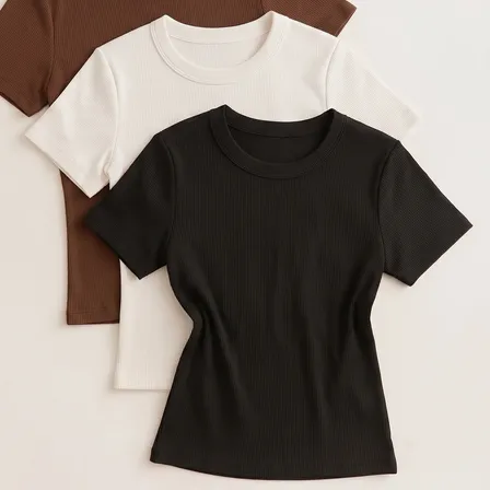 Kit 3 Blusa Feminina Ribana Canelado Estilosa Básica Baby Te Preto+marrom+off Gg