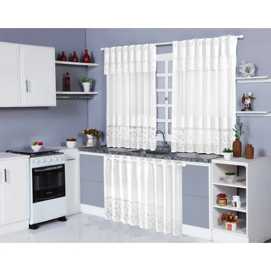Kit Cortinas De Cozinha Em Renda P/janela E Pia Renda Tulipa