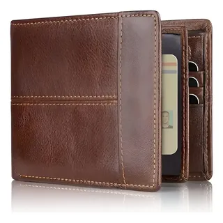 Cartera Hombre Piel Genuina Cartera Antirrobo Rfid Billetera Marrón Claro Liso