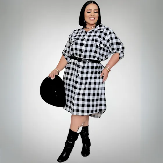 Vestido Chemise Xadrez Plus Size Manga 3/4 Com Cinto Premium