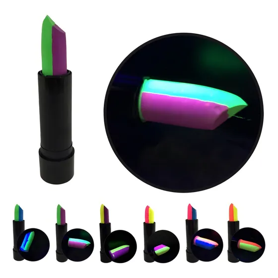 Labial Bicolor Fluo Glow Pinta Cara Maquillaj Brilla Luz Uv Color Verde - Violeta