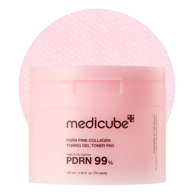 Embalagem rosa do Medicube PDRN Pink Collagen Gel Toner Pad com 70 unidades e 120ml