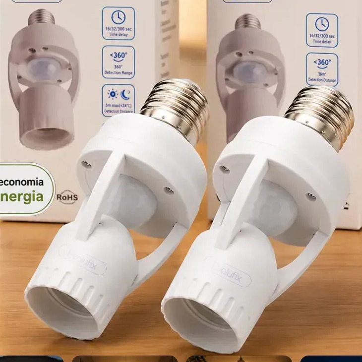 Kit 2 Sensor De Presença Lâmpada Soquete E27 Iluminação Fotocélula Movimento Infravermelho Apaga Sozinho Detecta Movimentos Externo E Interno Bocal Automático Evolufix
