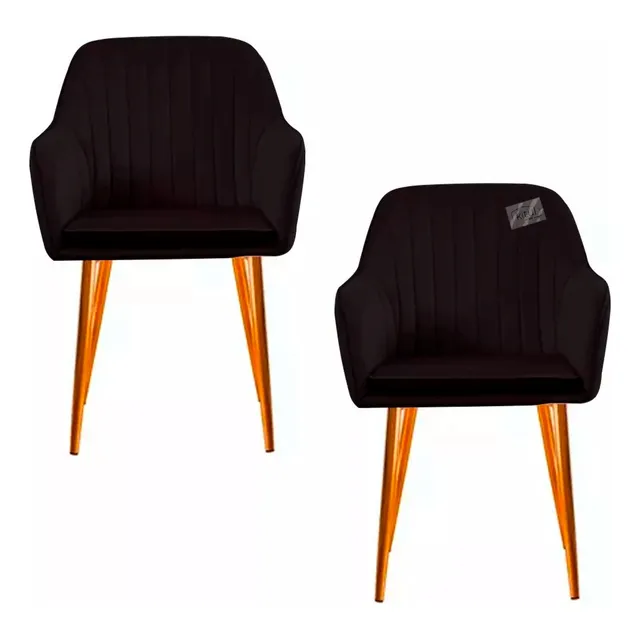 Set 2 Sillas Tapizadas Acolchadas Patas Doradas Terciopelo Color De La Estructura De La Silla Dorado Color Del Asiento Negro Diseño De La Tela Lineas Acolchadas