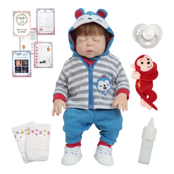 Boneco Reborn Bebê Realista Conjunto Macaco Com Itens