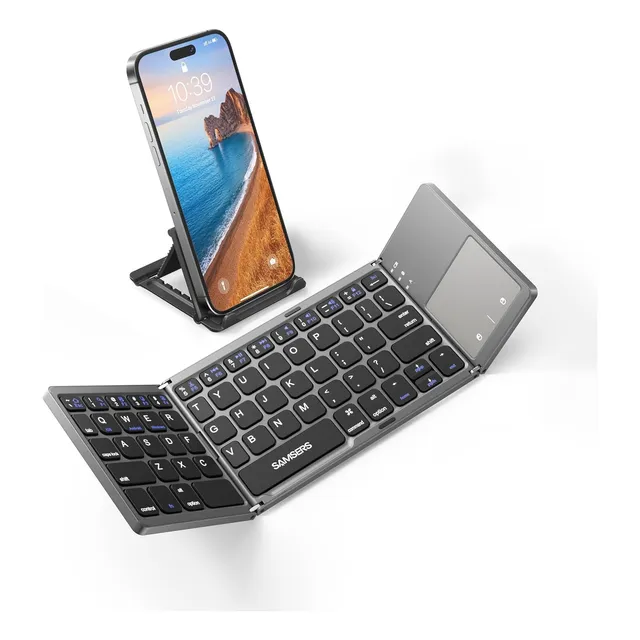 Teclado Bluetooth Plegable Con Touchpad Y Soporte Negro Inglés Y Español