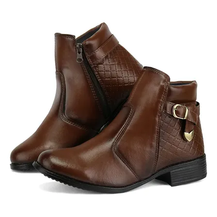 Bota Feminina Cano Curto Salto Baixo Confortável Couro Eco Capuccino 38 Br