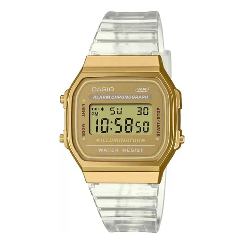 Reloj Casio Vintage A-168xesg-9a Unisex Wr Casio Centro Color De La Malla Transparente Color Del Bisel Dorado Color Del Fondo Dorado