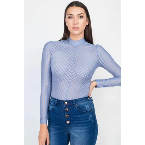 Body Manga Larga Azul Tela Strech