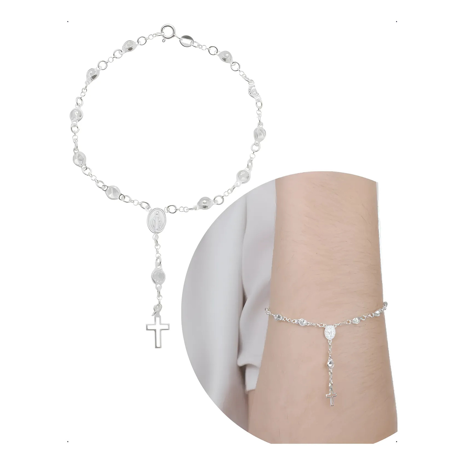 Pulseira Mini Terço Zircônia 5mm Prata 925 Rosário Cravejada Prateado 18 Cm