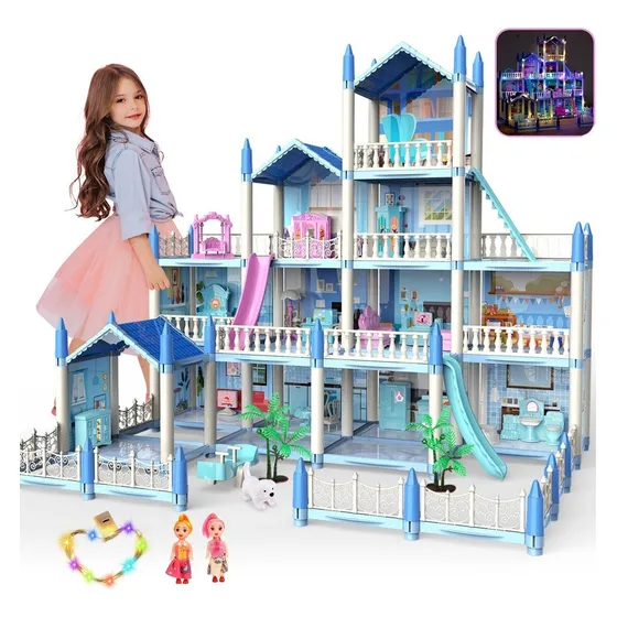 Casa de Muñecas Azul Blue-14 con Luces LED y Muebles NO INCLUYE MUÑECAS