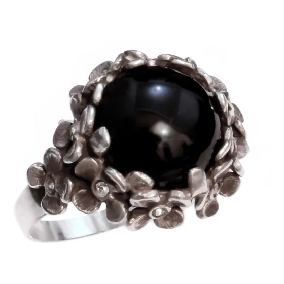 Anillo Ramo De Flores Con Piedra Onix Y Strass - Plata 925